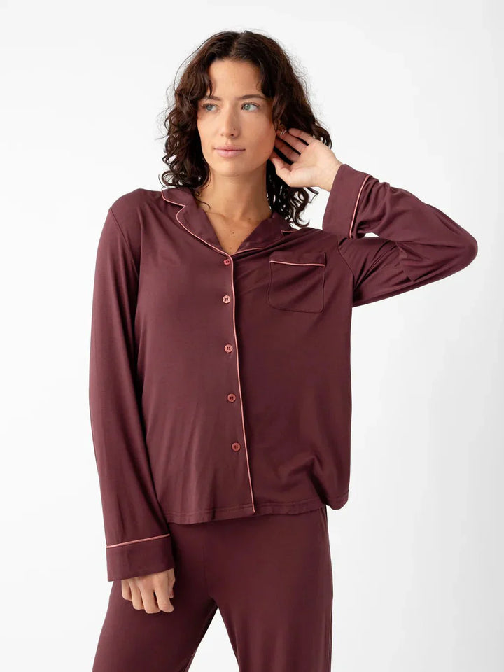 Woman wearing a burgundy Cozy Earth Bamboo Stretch-Knit Long Sleeve Pajama Top on a white background |Color:Burgundy